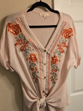 ANDREE BY UNIT Light Pink Embroidered V-Neck Tie-Front Blouse